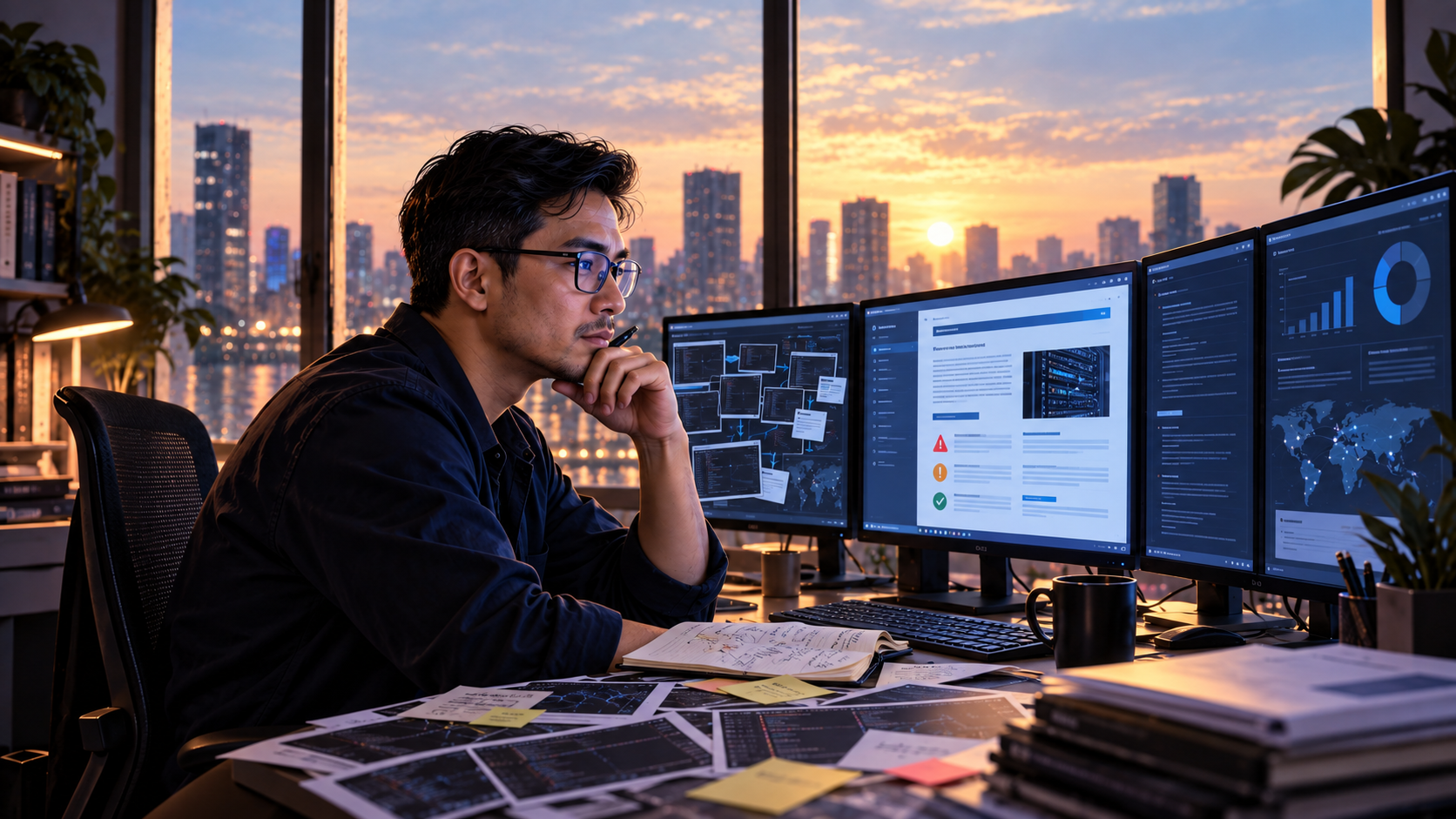 The researcher turning raw technical evidence into a professional report at sunrise.